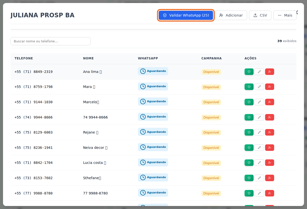 Botão Validar WhatsApp dentro da lista