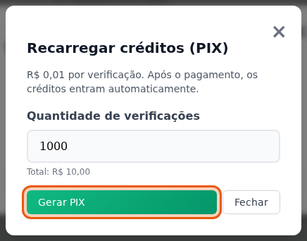 Modal Recarregar créditos via PIX